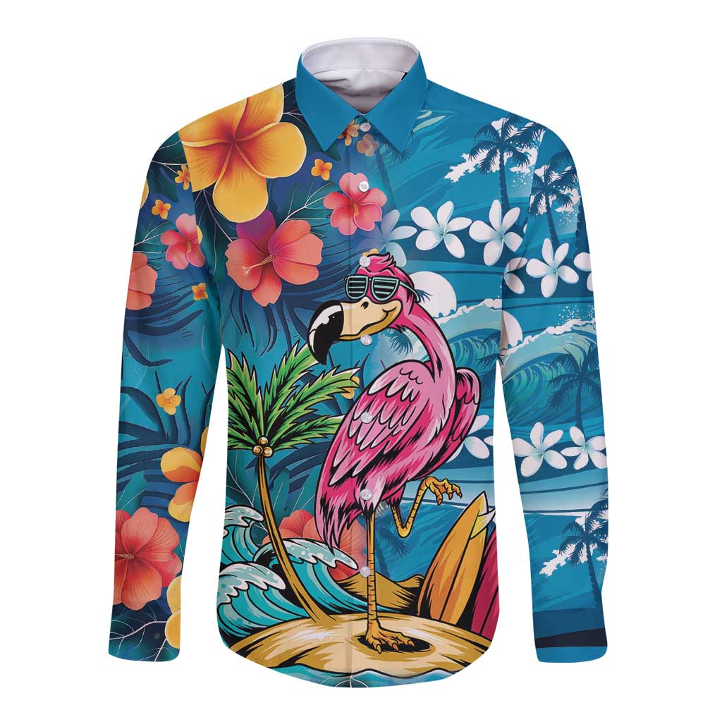 Hawaiian Flamingo Hibiscus Personalised Long Sleeve Button Shirt Blue Summer Tropical Flowers LT9 Unisex Blue - Polynesian Pride