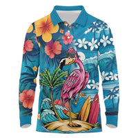 Hawaiian Flamingo Hibiscus Personalised Long Sleeve Polo Shirt Blue Summer Tropical Flowers - Polynesian Pride