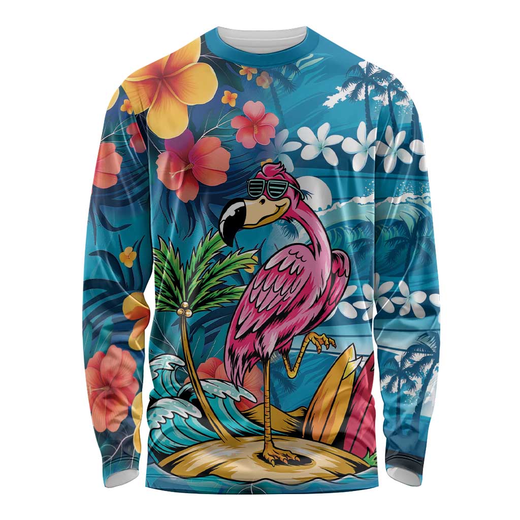 Hawaiian Flamingo Hibiscus Personalised Long Sleeve Shirt Blue Summer Tropical Flowers LT9 Unisex Blue - Polynesian Pride