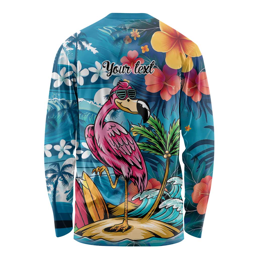 Hawaiian Flamingo Hibiscus Personalised Long Sleeve Shirt Blue Summer Tropical Flowers LT9 - Polynesian Pride