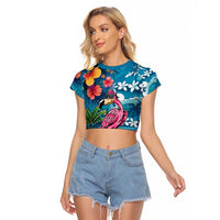Hawaiian Flamingo Hibiscus Personalised Raglan Cropped T Shirt Blue Summer Tropical Flowers - Polynesian Pride