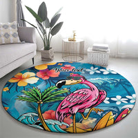 Hawaiian Flamingo Hibiscus Personalised Round Carpet Blue Summer Tropical Flowers - Polynesian Pride