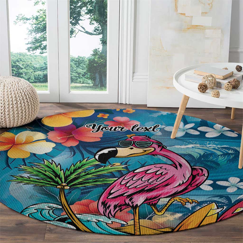 Hawaiian Flamingo Hibiscus Personalised Round Carpet Blue Summer Tropical Flowers - Polynesian Pride