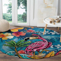 Hawaiian Flamingo Hibiscus Personalised Round Carpet Blue Summer Tropical Flowers - Polynesian Pride
