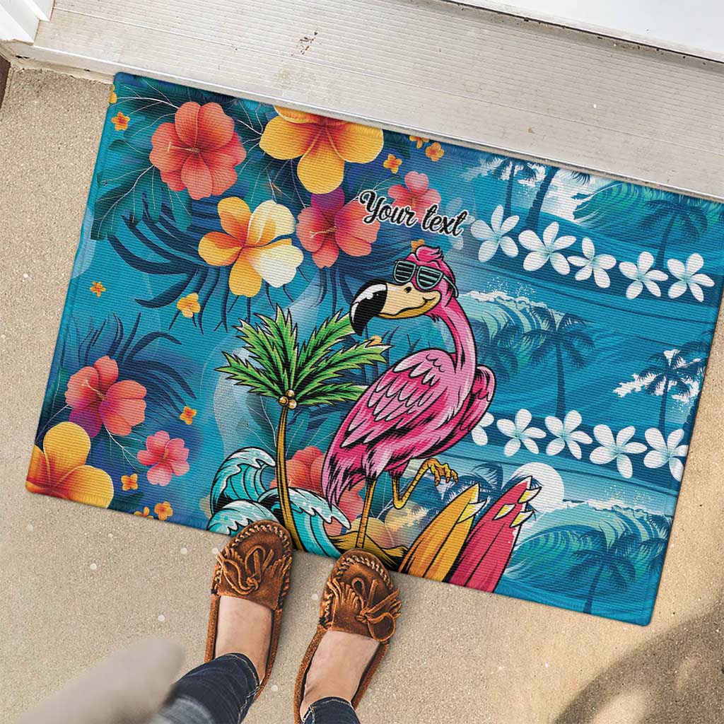 Hawaiian Flamingo Hibiscus Personalised Rubber Doormat Blue Summer Tropical Flowers LT9 - Polynesian Pride