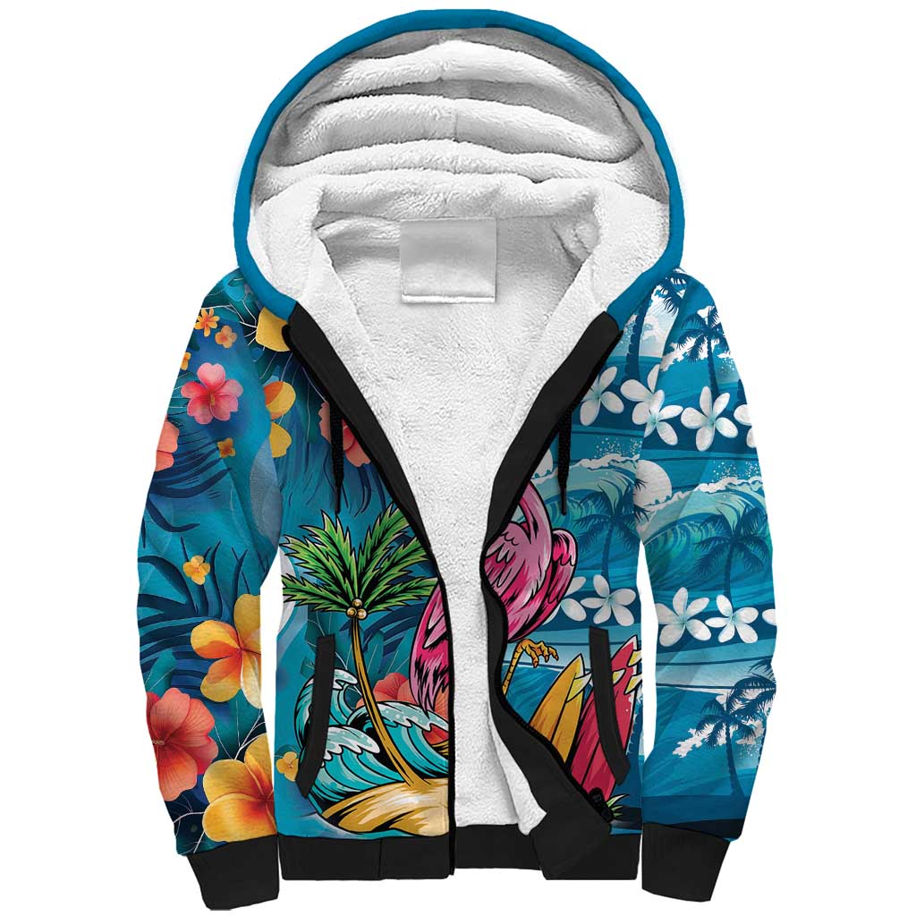 Hawaiian Flamingo Hibiscus Personalised Sherpa Hoodie Blue Summer Tropical Flowers LT9 Unisex Blue - Polynesian Pride