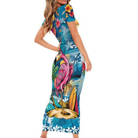 Hawaiian Flamingo Hibiscus Personalised Short Sleeve Bodycon Dress Blue Summer Tropical Flowers - Polynesian Pride