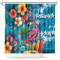 Hawaiian Flamingo Hibiscus Personalised Shower Curtain Blue Summer Tropical Flowers - Polynesian Pride