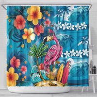 Hawaiian Flamingo Hibiscus Personalised Shower Curtain Blue Summer Tropical Flowers - Polynesian Pride