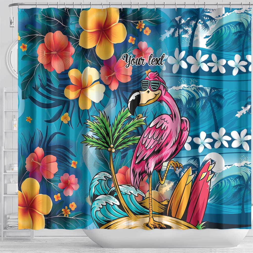 Hawaiian Flamingo Hibiscus Personalised Shower Curtain Blue Summer Tropical Flowers - Polynesian Pride