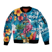 Hawaiian Flamingo Hibiscus Personalised Sleeve Zip Bomber Jacket Blue Summer Tropical Flowers - Polynesian Pride