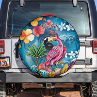 Hawaiian Flamingo Hibiscus Personalised Spare Tire Cover Blue Summer Tropical Flowers - Polynesian Pride