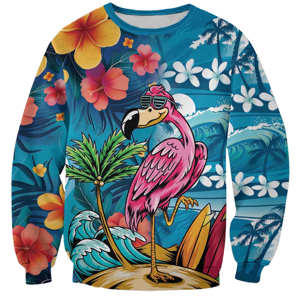 Hawaiian Flamingo Hibiscus Personalised Sweatshirt Blue Summer Tropical Flowers LT9 Unisex Blue - Polynesian Pride
