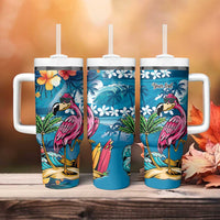 Hawaiian Flamingo Hibiscus Personalised Tumbler With Handle Blue Summer Tropical Flowers - Polynesian Pride