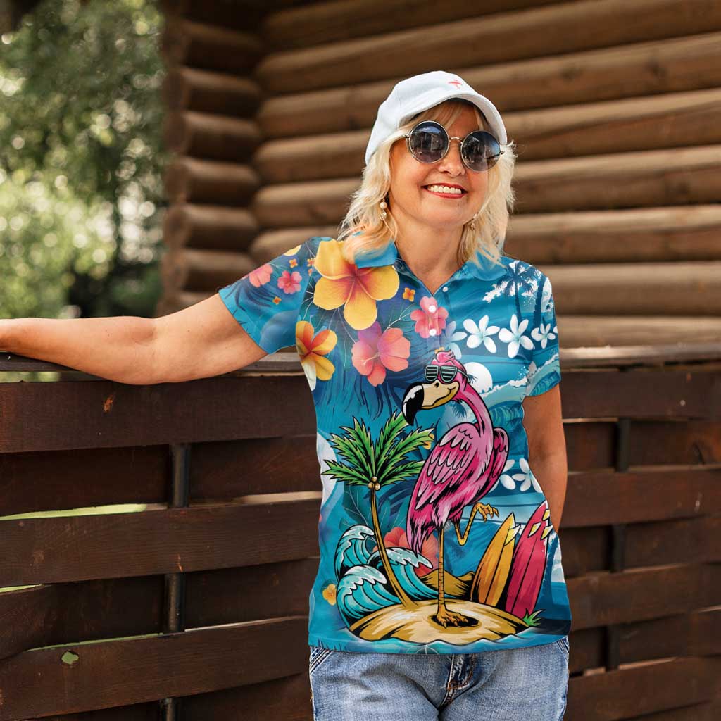 Hawaiian Flamingo Hibiscus Personalised Women Polo Shirt Blue Summer Tropical Flowers - Polynesian Pride
