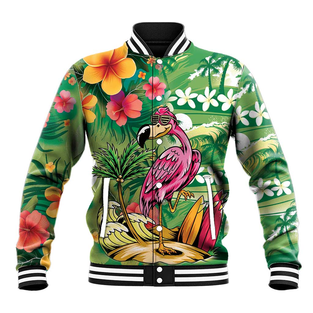 Hawaiian Flamingo Hibiscus Personalised Baseball Jacket Green Summer Tropical Flowers LT9 Unisex Green - Polynesian Pride