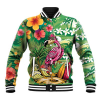 Hawaiian Flamingo Hibiscus Personalised Baseball Jacket Green Summer Tropical Flowers LT9 Unisex Green - Polynesian Pride