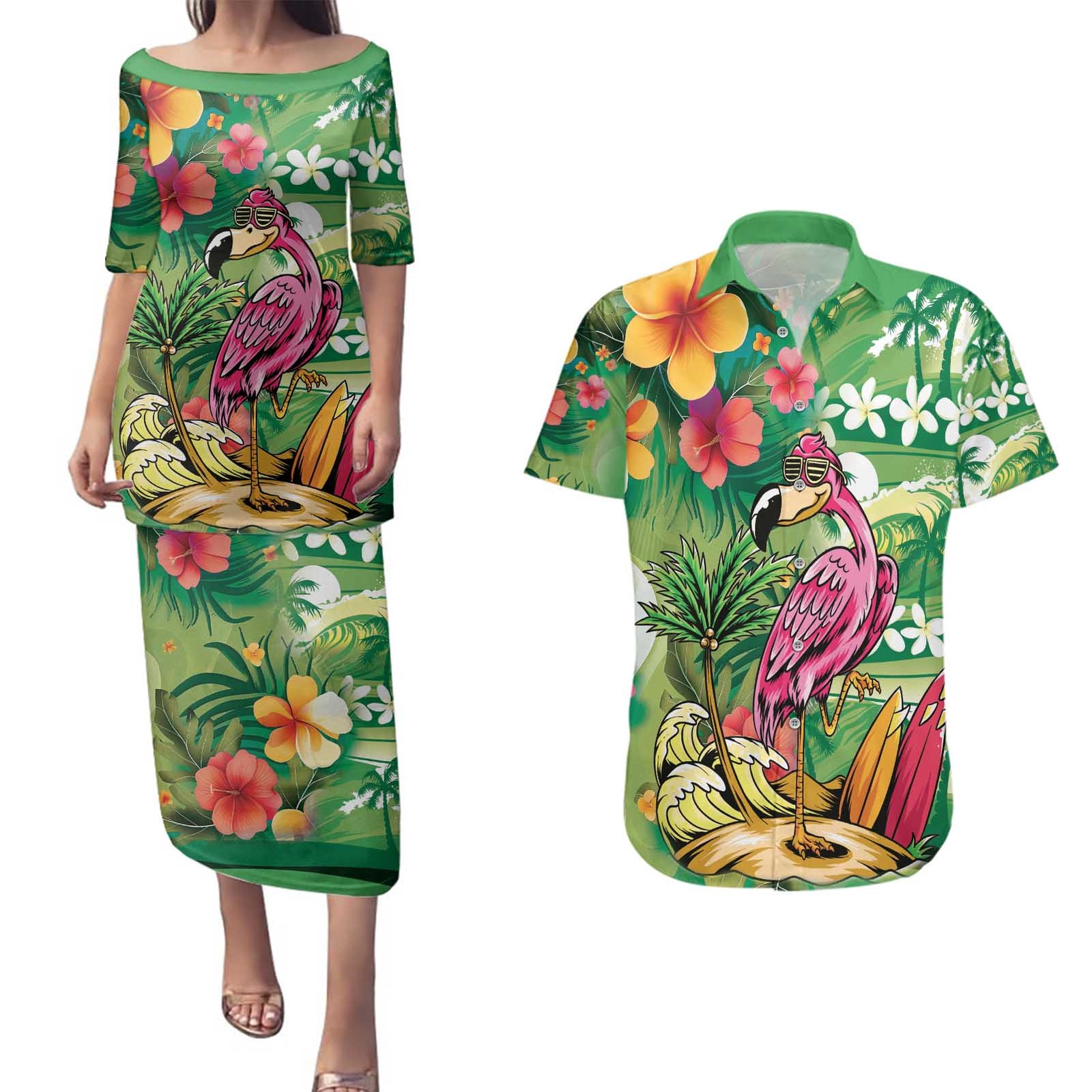 Hawaiian Flamingo Hibiscus Personalised Couples Matching Puletasi and Hawaiian Shirt Green Summer Tropical Flowers LT9 Green - Polynesian Pride