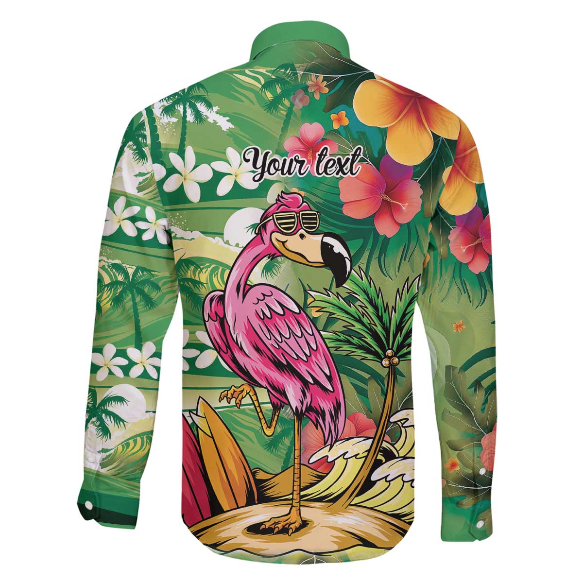 Hawaiian Flamingo Hibiscus Personalised Family Matching Off The Shoulder Long Sleeve Dress and Hawaiian Shirt Green Summer Tropical Flowers - Polynesian Pride