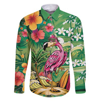 Hawaiian Flamingo Hibiscus Personalised Family Matching Off Shoulder Maxi Dress and Hawaiian Shirt Green Summer Tropical Flowers - Polynesian Pride