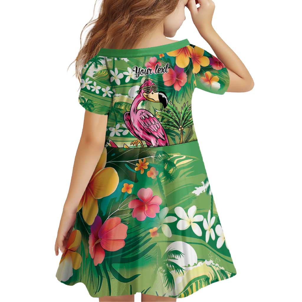 Hawaiian Flamingo Hibiscus Personalised Family Matching Off Shoulder Short Dress and Hawaiian Shirt Green Summer Tropical Flowers - Polynesian Pride