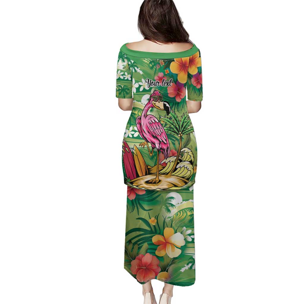 Hawaiian Flamingo Hibiscus Personalised Family Matching Puletasi and Hawaiian Shirt Green Summer Tropical Flowers - Polynesian Pride