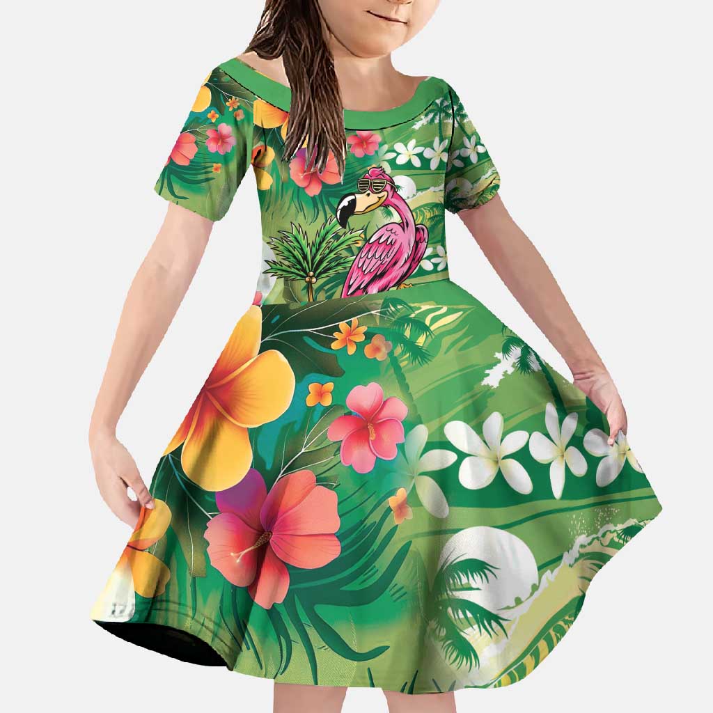 Hawaiian Flamingo Hibiscus Personalised Family Matching Short Sleeve Bodycon Dress and Hawaiian Shirt Green Summer Tropical Flowers - Polynesian Pride