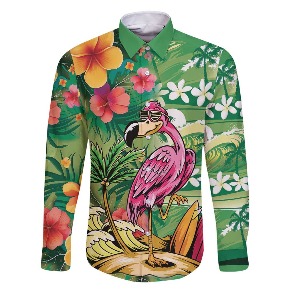 Hawaiian Flamingo Hibiscus Personalised Family Matching Tank Maxi Dress and Hawaiian Shirt Green Summer Tropical Flowers - Polynesian Pride