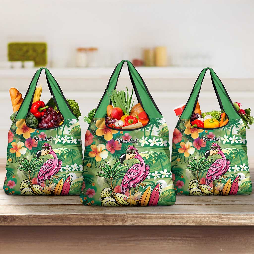 Hawaiian Flamingo Hibiscus Personalised Grocery Bag Green Summer Tropical Flowers LT9 3-pack One Size Green - Polynesian Pride