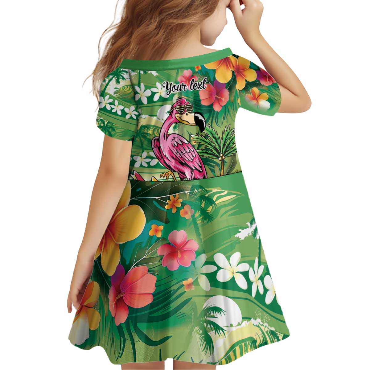 Hawaiian Flamingo Hibiscus Personalised Kid Short Sleeve Dress Green Summer Tropical Flowers - Polynesian Pride