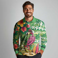 Hawaiian Flamingo Hibiscus Personalised Long Sleeve Polo Shirt Green Summer Tropical Flowers - Polynesian Pride