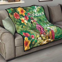 Hawaiian Flamingo Hibiscus Personalised Quilt Green Summer Tropical Flowers - Polynesian Pride