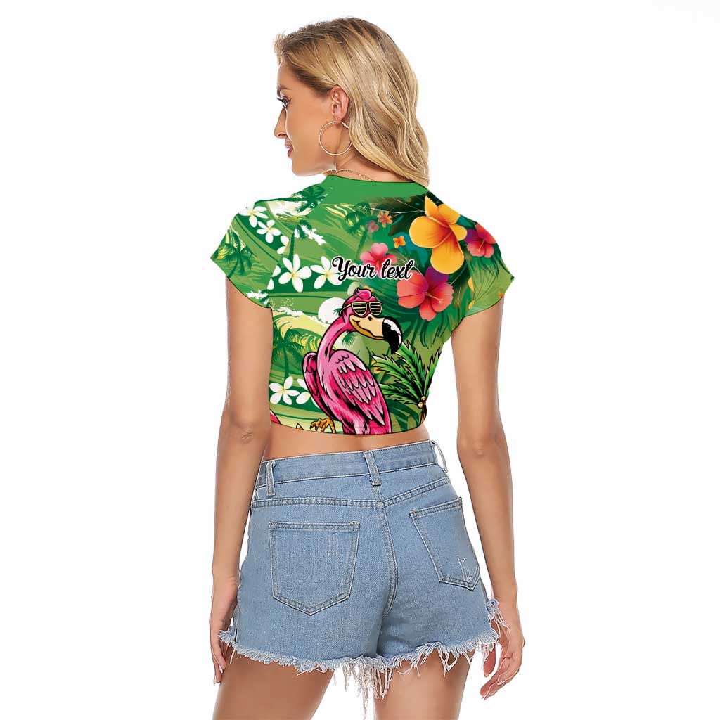 Hawaiian Flamingo Hibiscus Personalised Raglan Cropped T Shirt Green Summer Tropical Flowers - Polynesian Pride