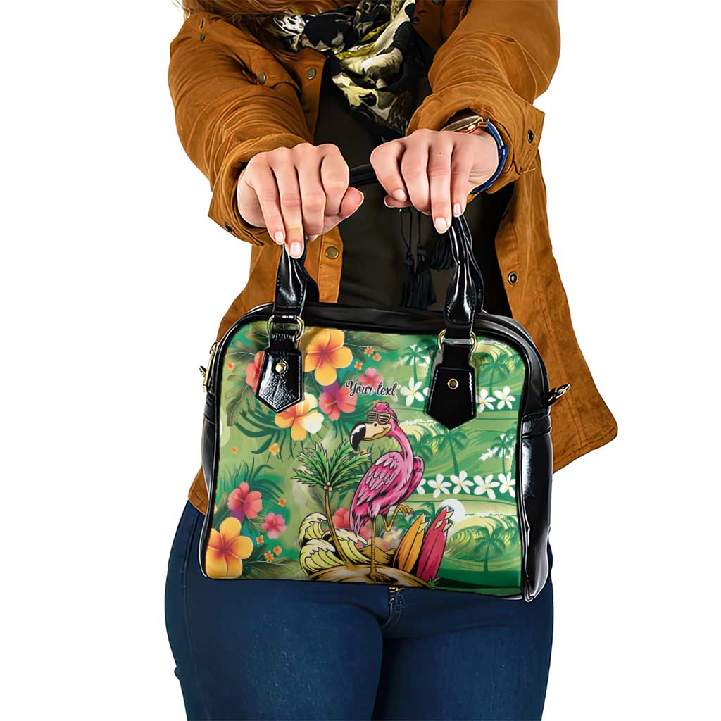 Hawaiian Flamingo Hibiscus Personalised Shoulder Handbag Green Summer Tropical Flowers - Polynesian Pride