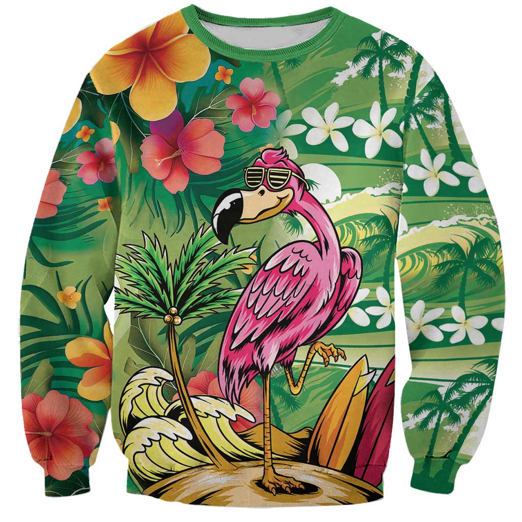 Hawaiian Flamingo Hibiscus Personalised Sweatshirt Green Summer Tropical Flowers LT9 Unisex Green - Polynesian Pride