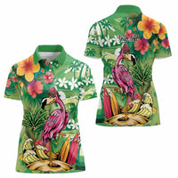 Hawaiian Flamingo Hibiscus Personalised Women Polo Shirt Green Summer Tropical Flowers - Polynesian Pride