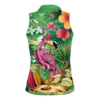 Hawaiian Flamingo Hibiscus Personalised Women Sleeveless Polo Shirt Green Summer Tropical Flowers - Polynesian Pride