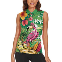 Hawaiian Flamingo Hibiscus Personalised Women Sleeveless Polo Shirt Green Summer Tropical Flowers - Polynesian Pride