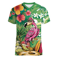 Hawaiian Flamingo Hibiscus Personalised Women V-Neck T-Shirt Green Summer Tropical Flowers - Polynesian Pride