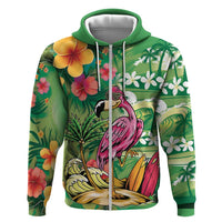 Hawaiian Flamingo Hibiscus Personalised Zip Hoodie Green Summer Tropical Flowers - Polynesian Pride