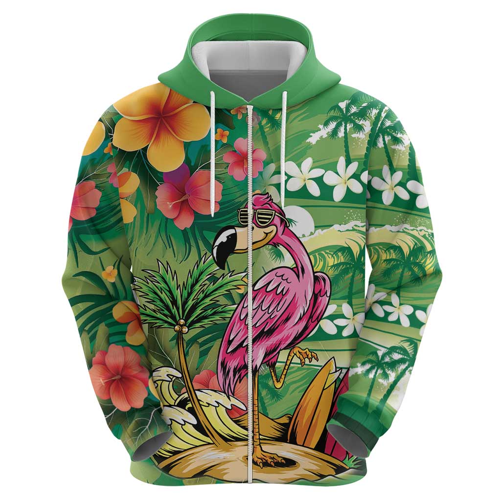 Hawaiian Flamingo Hibiscus Personalised Zip Hoodie Green Summer Tropical Flowers - Polynesian Pride