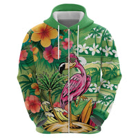 Hawaiian Flamingo Hibiscus Personalised Zip Hoodie Green Summer Tropical Flowers - Polynesian Pride