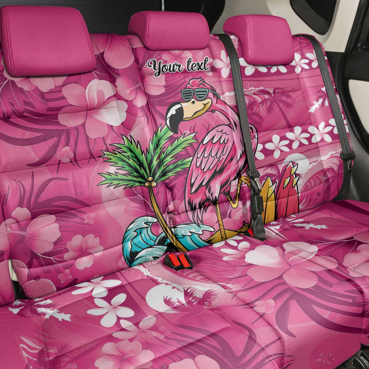 Hawaiian Flamingo Hibiscus Personalised Back Car Seat Cover Pink Summer Tropical Flowers - Polynesian Pride