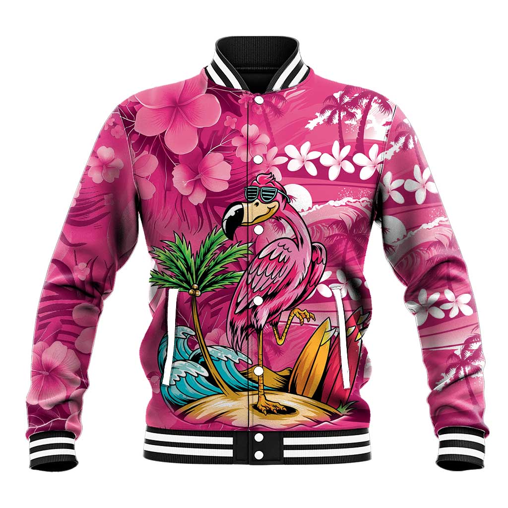 Hawaiian Flamingo Hibiscus Personalised Baseball Jacket Pink Summer Tropical Flowers LT9 Unisex Pink - Polynesian Pride