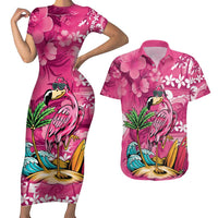 Hawaiian Flamingo Hibiscus Personalised Couples Matching Short Sleeve Bodycon Dress and Hawaiian Shirt Pink Summer Tropical Flowers - Polynesian Pride