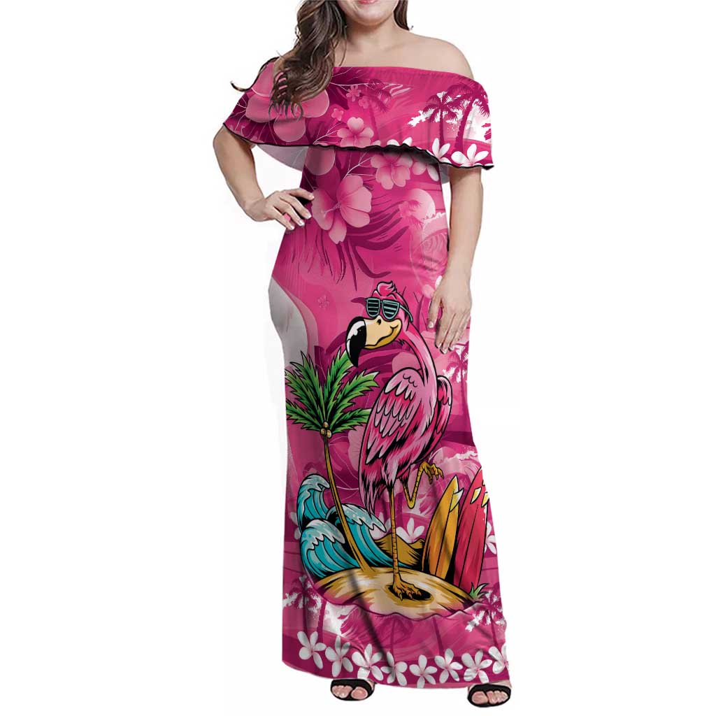Hawaiian Flamingo Hibiscus Personalised Family Matching Off Shoulder Maxi Dress and Hawaiian Shirt Pink Summer Tropical Flowers - Polynesian Pride
