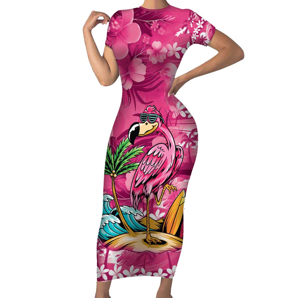 Hawaiian Flamingo Hibiscus Personalised Family Matching Short Sleeve Bodycon Dress and Hawaiian Shirt Pink Summer Tropical Flowers - Polynesian Pride