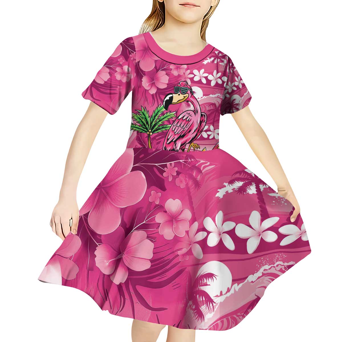 Hawaiian Flamingo Hibiscus Personalised Kid Short Sleeve Dress Pink Summer Tropical Flowers - Polynesian Pride