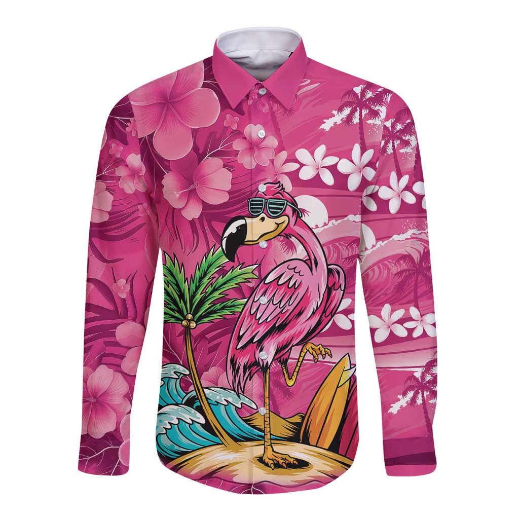 Hawaiian Flamingo Hibiscus Personalised Long Sleeve Button Shirt Pink Summer Tropical Flowers LT9 Unisex Pink - Polynesian Pride