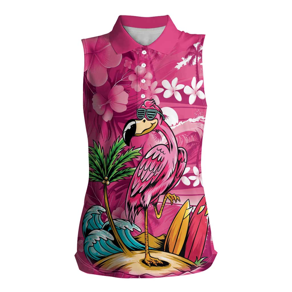 Hawaiian Flamingo Hibiscus Personalised Women Sleeveless Polo Shirt Pink Summer Tropical Flowers - Polynesian Pride